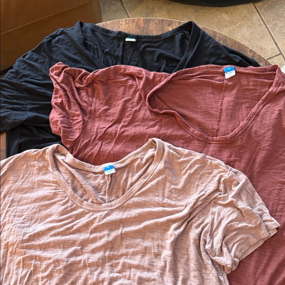 3 (three) Old Navy Women's Short Sleeve Luxe Tees - Black, Rust, and Beige.